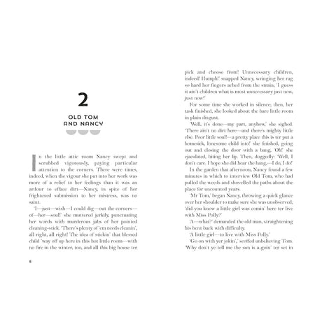 Two pages from Pollyanna, Chapter 2: "Old Tom and Nancy," featuring story text and a simple header design.