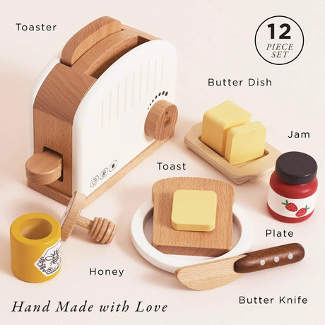 12-piece wooden toy breakfast set featuring a toaster, toast, honey pot, butter dish, jam, and knife.