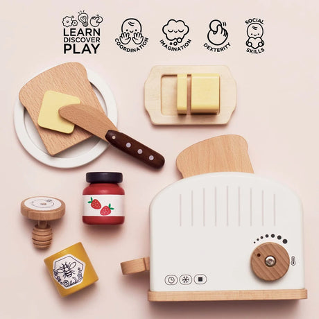 Overhead view of a wooden toy breakfast set highlighting developmental skills like coordination and imagination.
