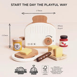 Wooden toy toaster breakfast set with dimensions, sustainable wood, and plastic-free icons.