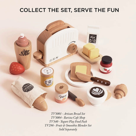 Wooden toy toaster breakfast set shown alongside additional separately sold play food items like artisan bread and yogurt.