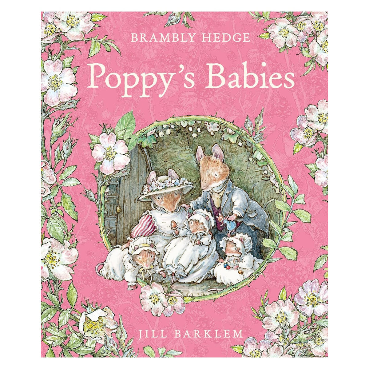 Illustrated book cover of "Poppy's Babies" by Jill Barklem. A family of mice wearing Victorian-era clothes sits among white flowers on a pink background.