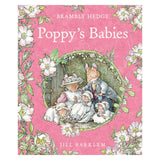 Illustrated book cover of "Poppy's Babies" by Jill Barklem. A family of mice wearing Victorian-era clothes sits among white flowers on a pink background.