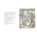 A cozy illustration shows two mice in an intricately detailed mill interior. One mouse, dressed in Victorian-style clothing, carries two babies. The scene is warm and nostalgic. Text on the left describes the mill activity and the mouse Poppy calming her babies.