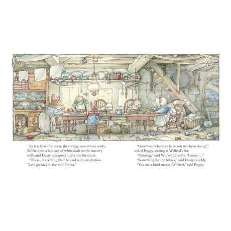 Cozy kitchen scene with anthropomorphic mice preparing furniture. Warm, rustic tones, dishes on shelves, a wooden table, and ladder create a homely atmosphere.