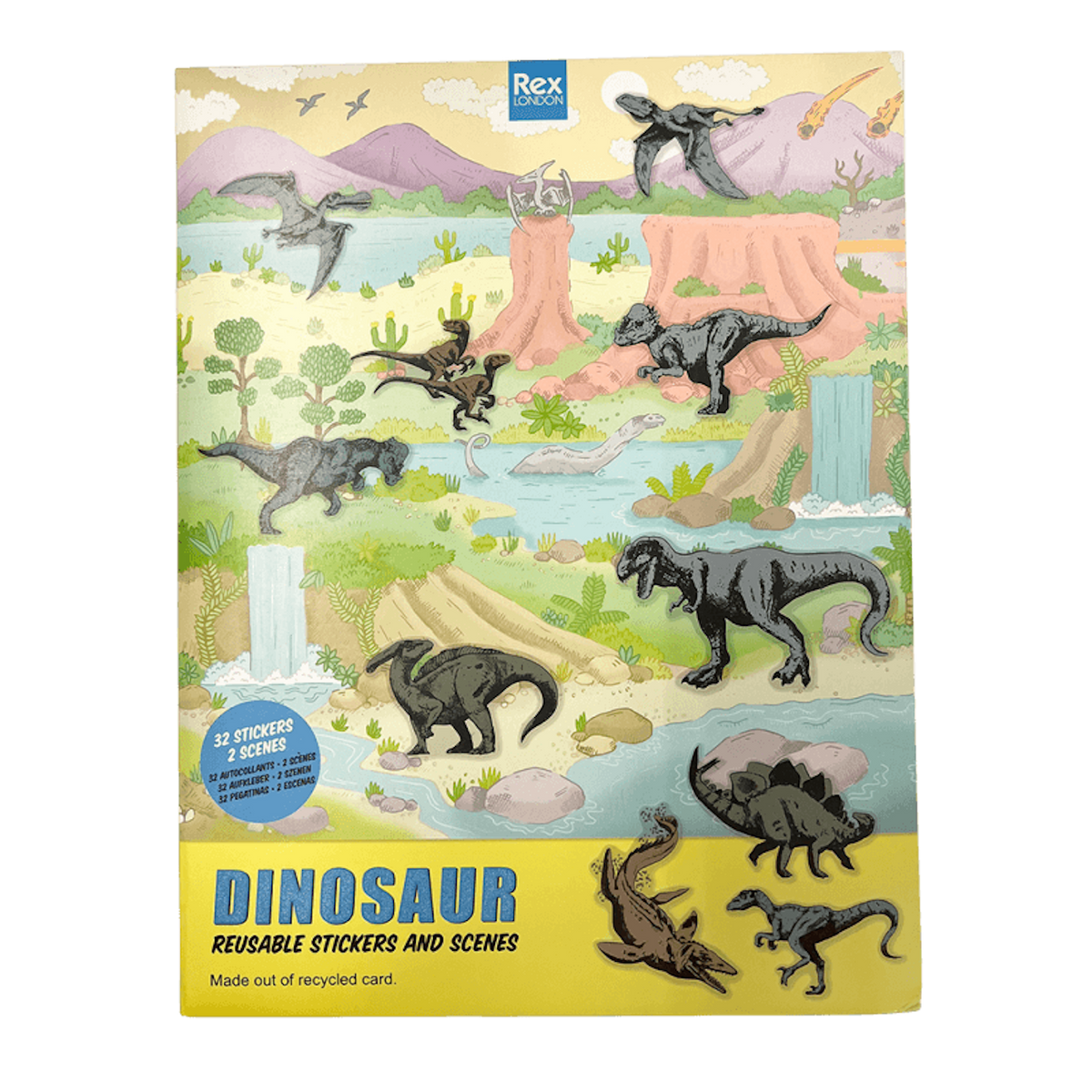 Front packaging cover of Rex London Dinosaur Reusable Stickers and Scenes set featuring dinosaurs.