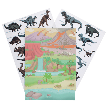Prehistoric Land reusable sticker set with a volcano landscape scene and dinosaur sheets.