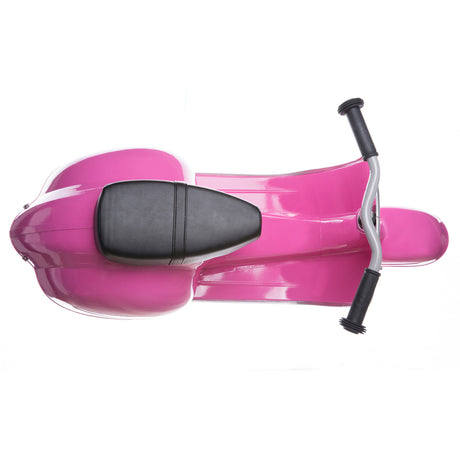 Top-down view of a pink scooter with black seat and curved black handlebars on a white background. The scooter's sleek design conveys modernity and playfulness.