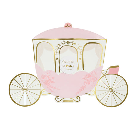 Pink and gold princess carriage-shaped paper party plate package.