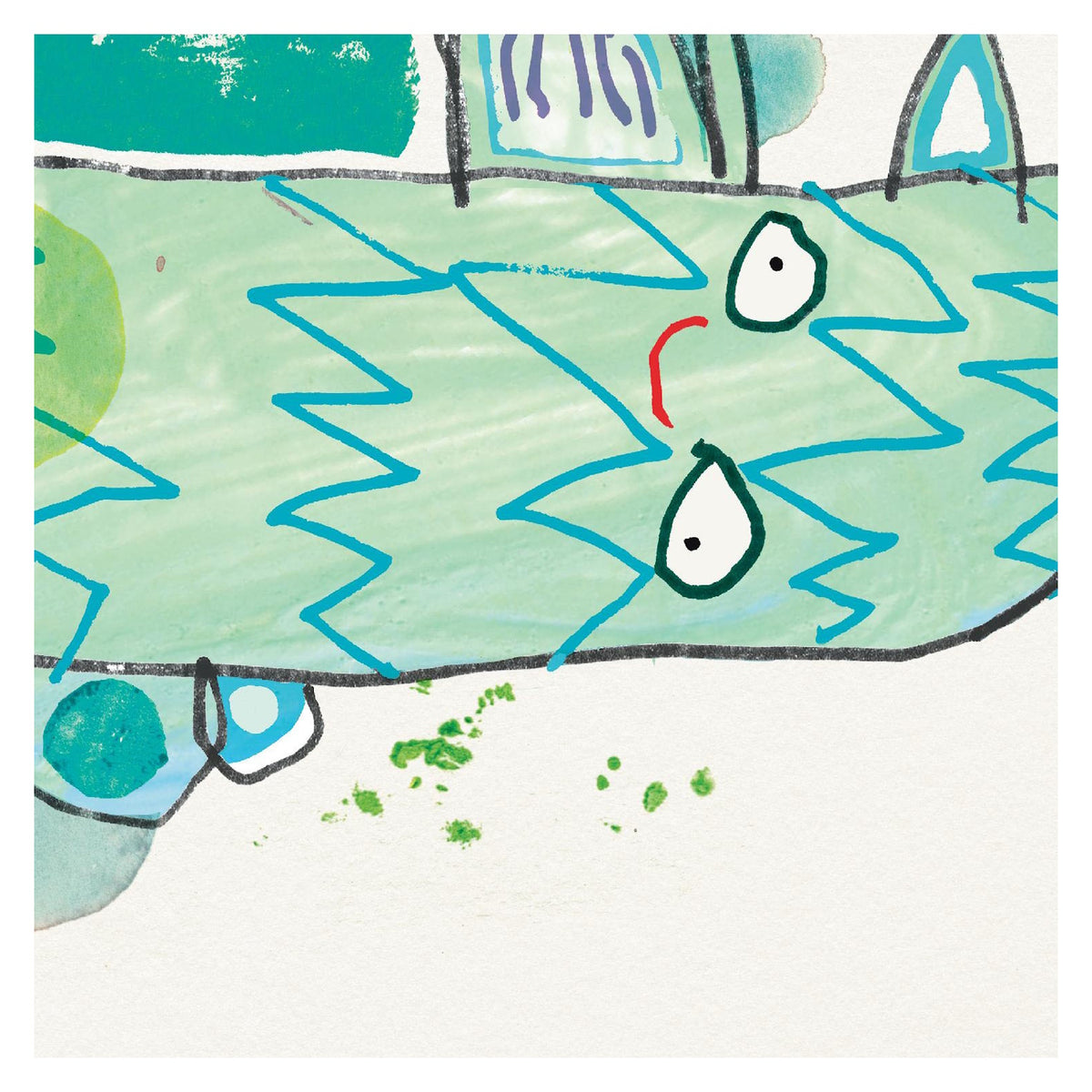 Children's book illustration showing a close-up of a whimsical green creature with wide, expressive eyes and blue zig-zag details.