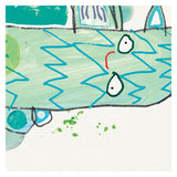 Children's book illustration showing a close-up of a whimsical green creature with wide, expressive eyes and blue zig-zag details.
