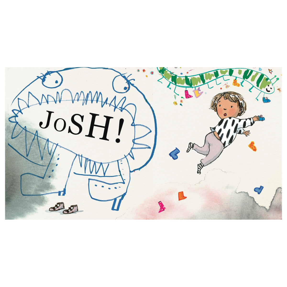 Children's book page showing a drawn monster shouting 'JoSH!' while a boy leaps amidst scattered shoes.