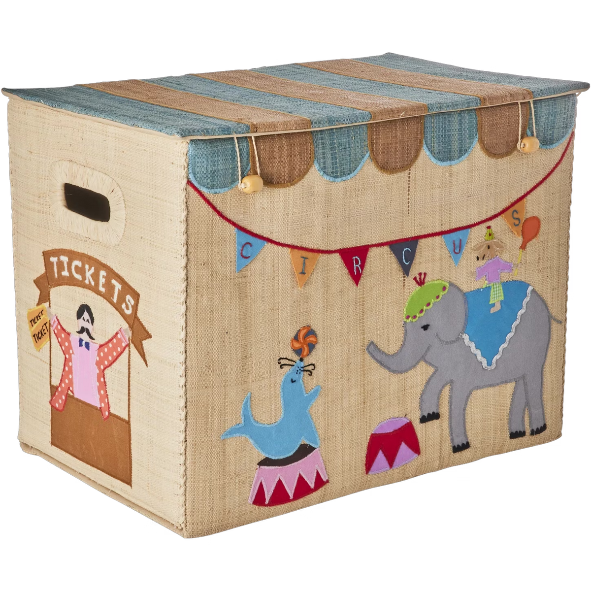 A fabric storage box with a circus theme. It features an elephant and seal, colorful bunting spelling "CIRCUS," and a ticket booth graphic, evoking playful whimsy.