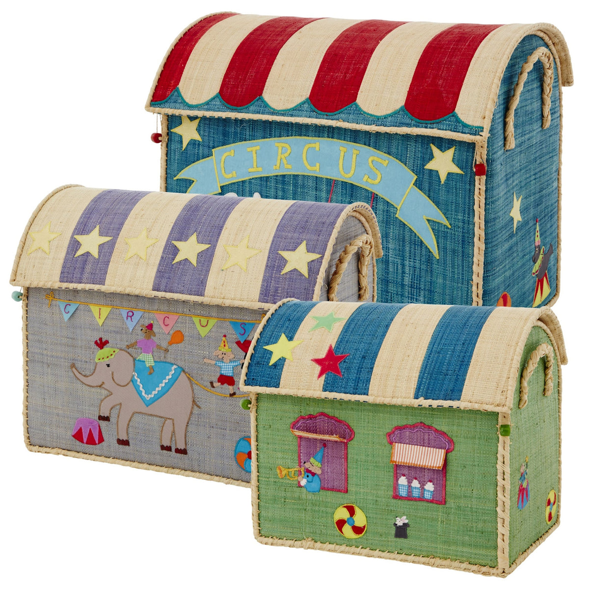 Colorful woven baskets shaped like circus tents, featuring red, blue, and purple stripes, decorated with stars and playful circus-themed illustrations.