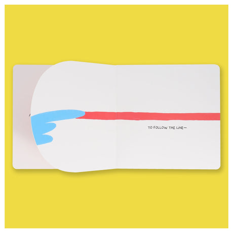 Children's book page showing a blue hand pointing along a red line with text reading "TO FOLLOW THE LINE—".