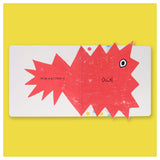 Children's book spread featuring a bright red, spiky character with the text "OR BE A BIT POKE-Y!" on the left page and "OUCH!" on the right page.