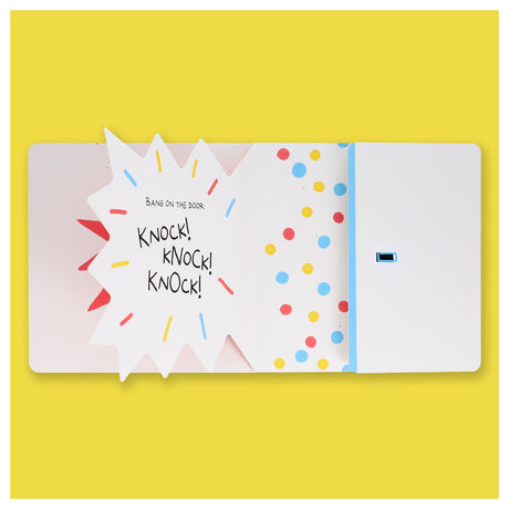 Children's book page featuring a pop-up starburst with the words "BANG ON THE DOOR: KNOCK! KNOCK! KNOCK!"