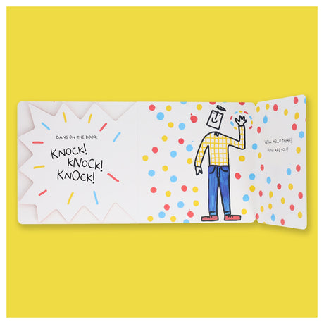 Children's book page with "KNOCK! KNOCK! KNOCK!" on a flap next to a friendly waving character.