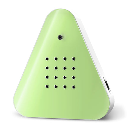 A triangular green device with a smooth surface, featuring a small camera and multiple circular holes on the front. It conveys a modern, minimalist design.