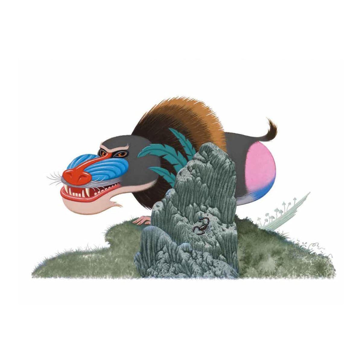 Illustration of a colorful baboon-like creature with vibrant red, blue, and pink features, crouching behind detailed green rocks on grass, appearing playful.
