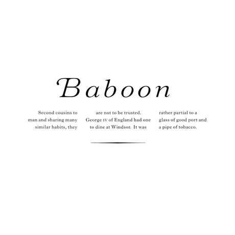 Text on a white background reads "Baboon" in elegant, large font, with a humorous historical anecdote below about George IV dining with a baboon at Windsor. Tone is lighthearted.