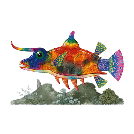 A vibrant, rainbow-colored fish with a turtle-like shell floats above stylized waves. The fish has a whimsical eye and patterns on its fins and tail.