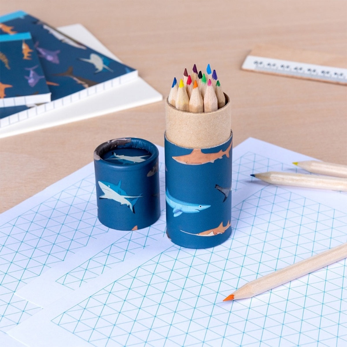 Shark print tube filled with colored pencils sitting on grid paper alongside notebook and stationery.