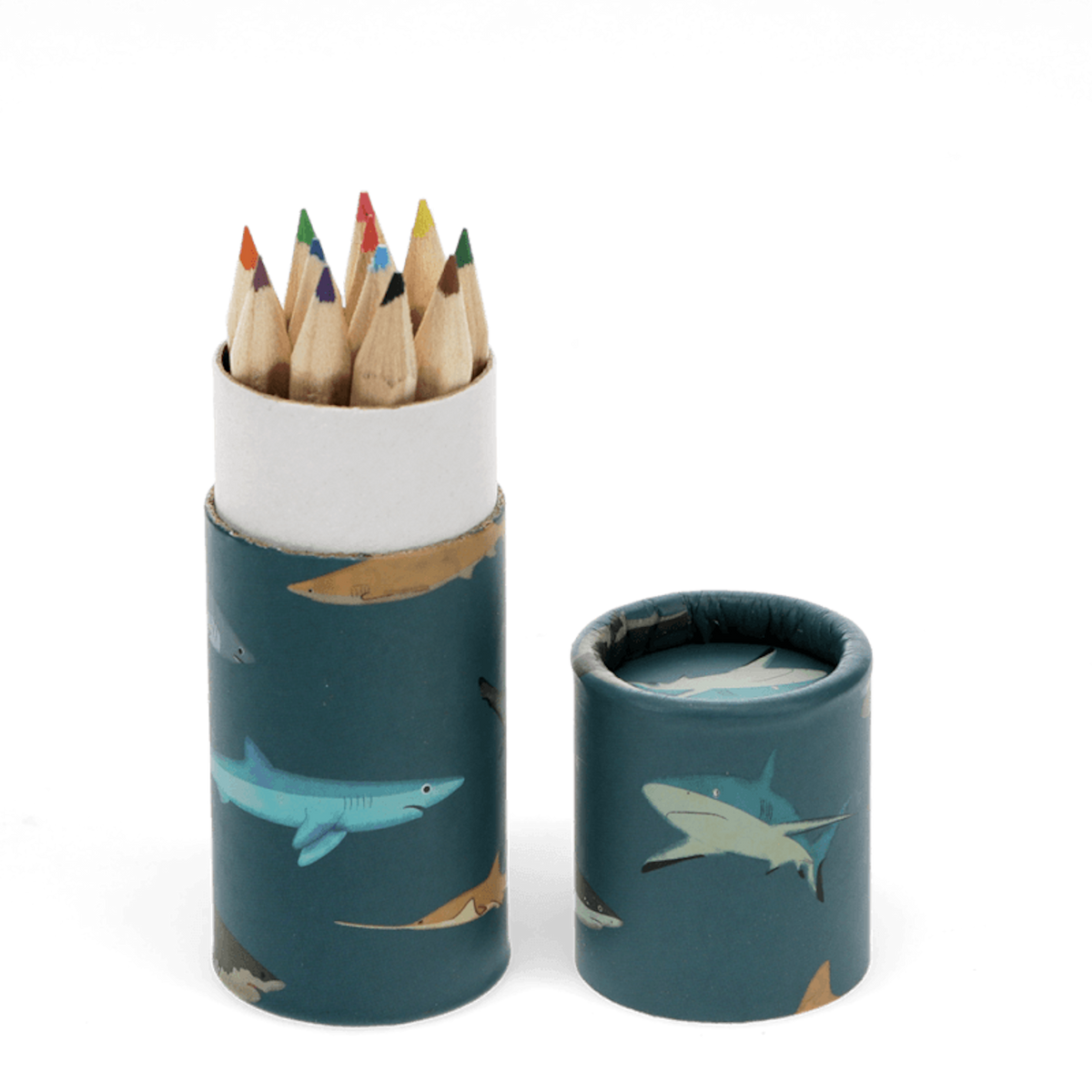 Shark-themed cardboard tube storing colorful mini pencils with lid off against white background.