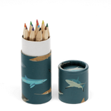Shark-themed cardboard tube storing colorful mini pencils with lid off against white background.
