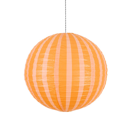 Hanging spherical paper lantern featuring orange and peach vertical stripes on a white background.