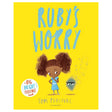 Book cover for Ruby's Worry by Tom Percival, featuring a young girl in a blue dress looking at a small scribble monster.