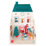 Santa's house pop-up advent calendar featuring festive characters, a tree, and holiday decor.