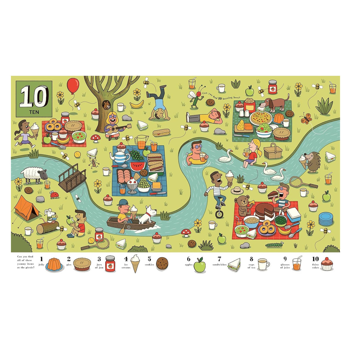 Illustrated picnic scene with animals and people enjoying food by a winding river. Vibrant, busy atmosphere with 10 hidden jelly desserts to find.