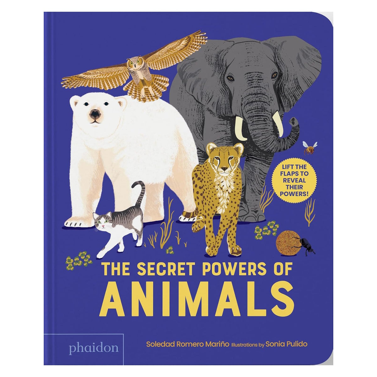 The Secret Powers of Animals board book cover by Phaidon, featuring an elephant, polar bear, owl, and cheetah.