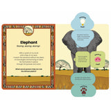 Children's educational book spread about African elephants featuring fun facts, a poem, and sensory diagrams.