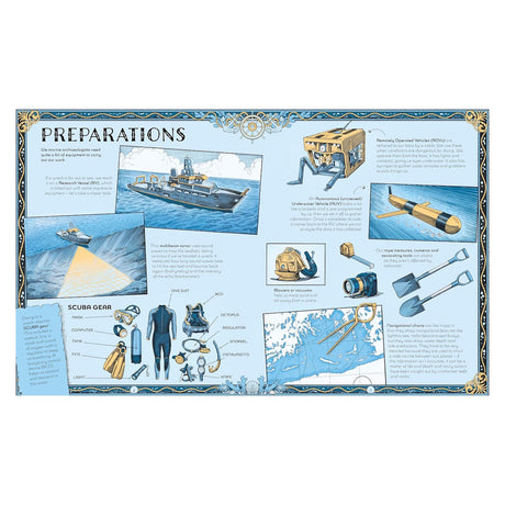 Illustrated book spread titled "PREPARATIONS" showing marine archaeology equipment and scuba gear.