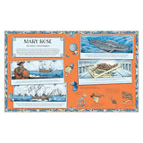 Illustrated book spread detailing the history of the Mary Rose shipwreck, featuring historical scenes, diagrams, and recovered artifacts.