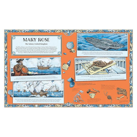 Illustrated book spread detailing the history of the Mary Rose shipwreck, featuring historical scenes, diagrams, and recovered artifacts.