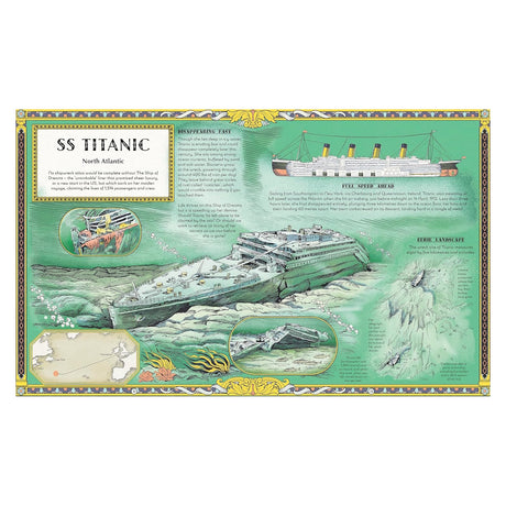 Illustrated book spread detailing the SS Titanic, showing its original form alongside its sunken wreck on the ocean floor.