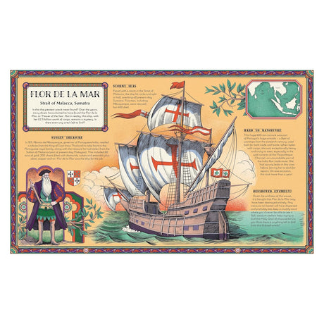 Illustrated book spread about the Flor de la Mar, depicting a Portuguese ship and Afonso de Albuquerque.