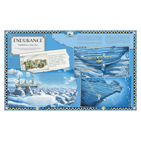 Illustrated book spread about the ship Endurance, showing it trapped in Antarctic ice and underwater.