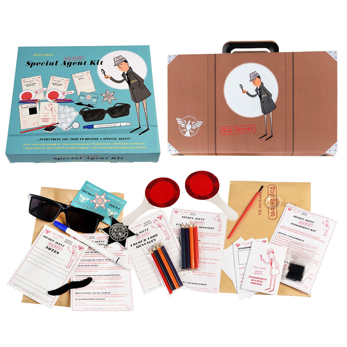 A special agent kit with sunglasses, magnifying glass, secret messages, and various investigation tools, all in a decorative case.