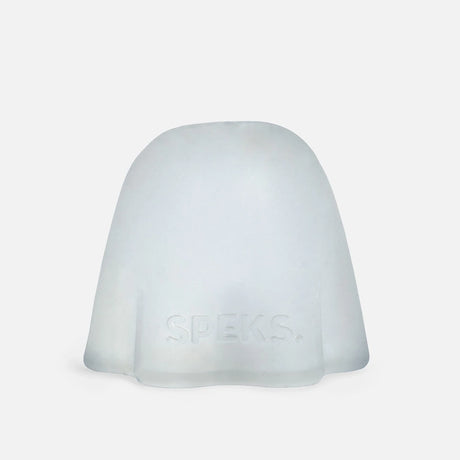 Front view of a translucent white silicone ghost container with the embossed text SPEKS on a white background.
