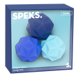 Box of three geometric fidget desk magnets in various shades of blue. The packaging features the brand name "SPEKS." and the word "Odds."