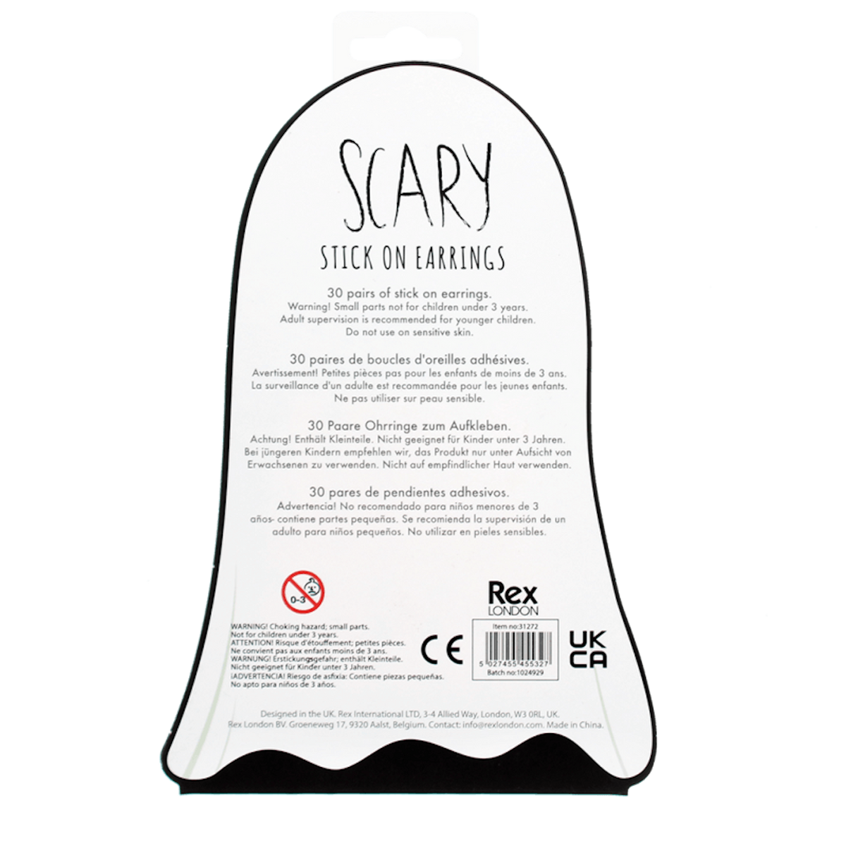 Back view of a ghost-shaped packaging card for 30 pairs of Halloween stick-on earrings.