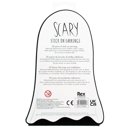 Back view of a ghost-shaped packaging card for 30 pairs of Halloween stick-on earrings.