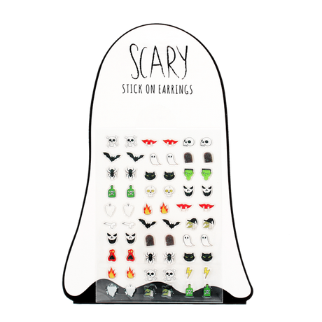 Ghost-shaped card containing a sheet of Halloween stick-on earrings with various spooky designs.