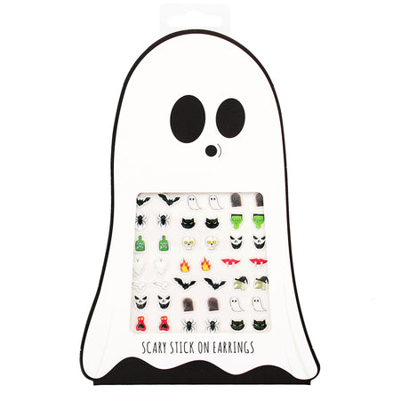 Pack of Halloween stick-on earrings with various spooky designs inside a ghost-shaped package.
