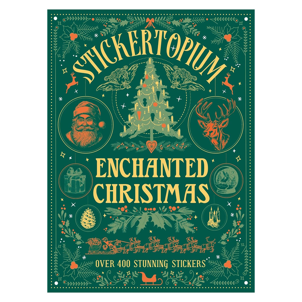 Stickertopium Enchanted Christmas sticker book cover with vintage illustrations of Santa, a reindeer, and a Christmas tree.