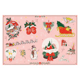 Vintage Christmas sticker sheet with festive illustrations of snow globes, Santa's sleigh, a snowman, and winter motifs.